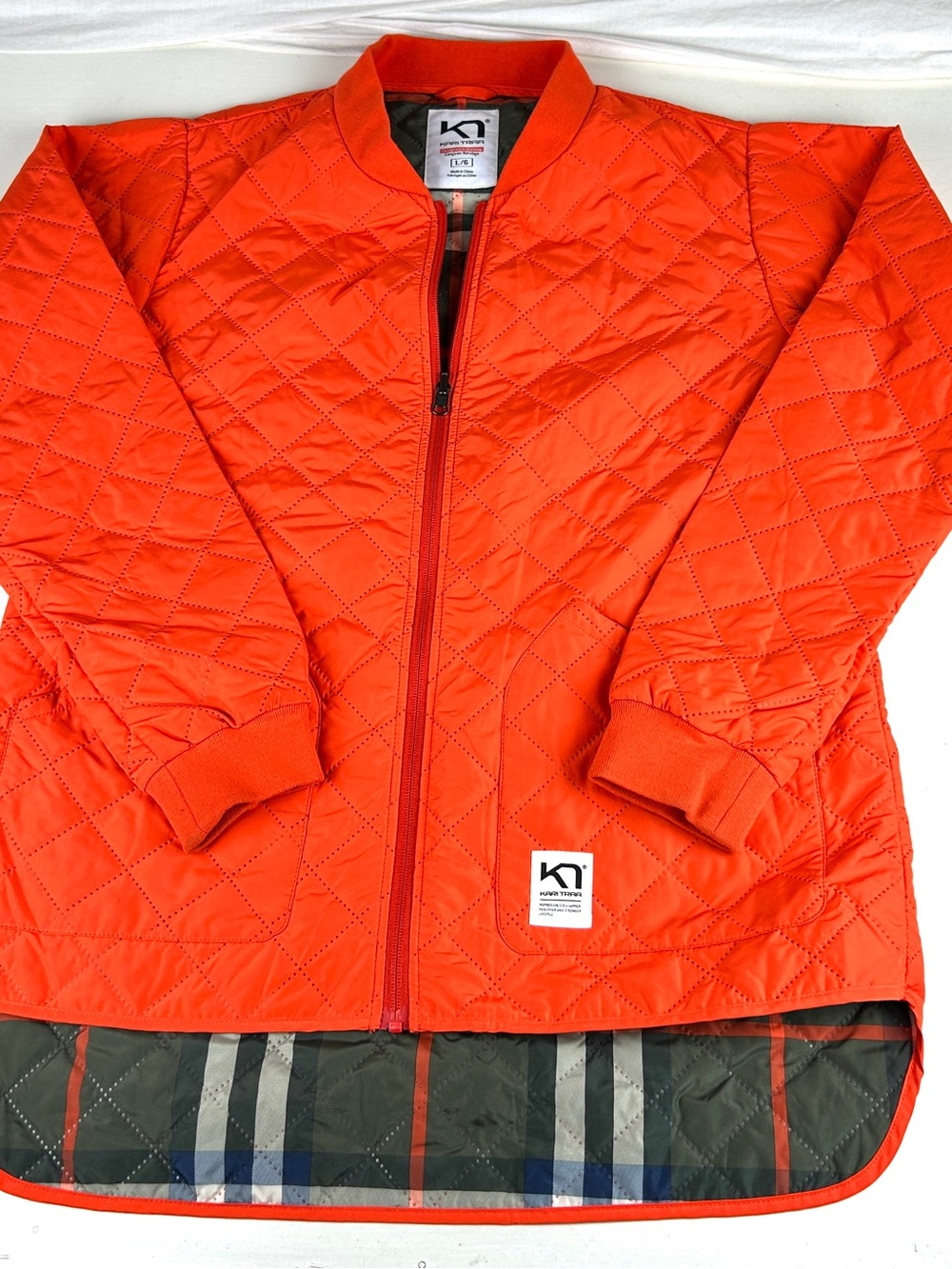 Kari Traa Jacket Womens Large Quilted Hunter Orange Full Zip Plaid Lining Norway